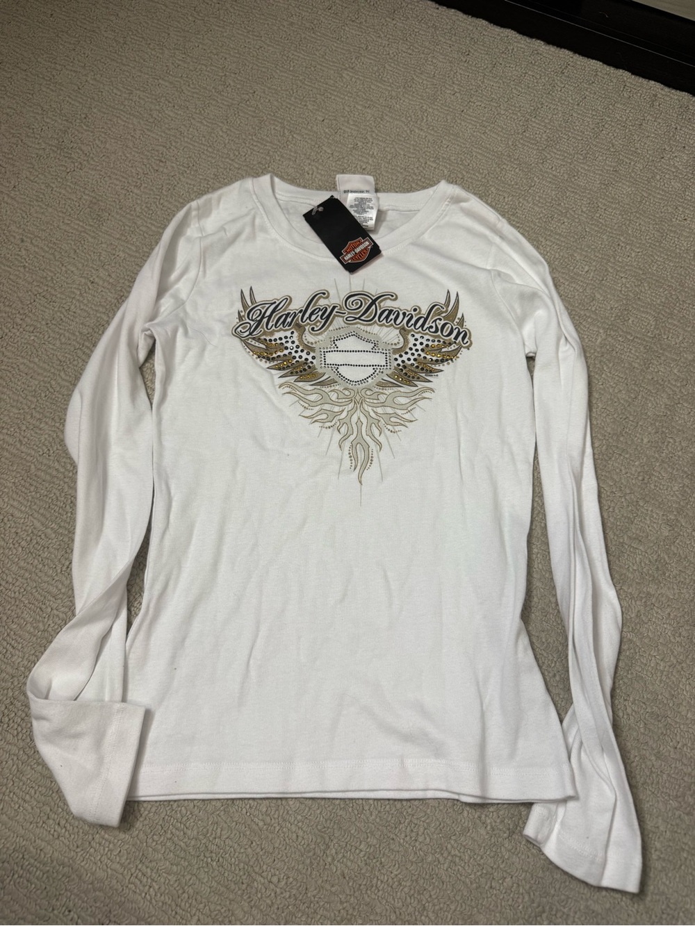 Harley-Davidson Women's White Long Sleeve Tee with Gold & Gray Graphic